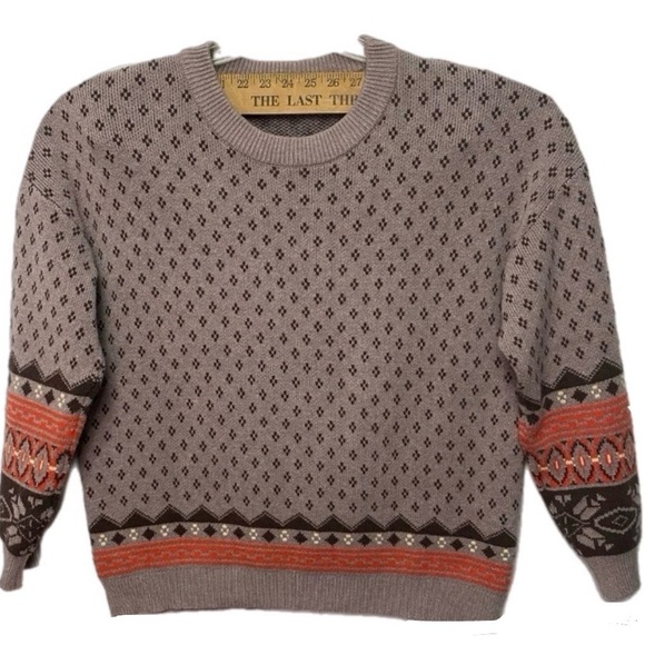 Thick Tight & Rib Knit Crewneck Sweater Taupe Brown Coral Fair Isle Pattern - Picture 3 of 10